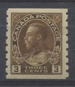 Canada #129ii 3c Dp Yelsh Brown 1911-27 Admiral Perf. 8 Vert Wet Ptg -  VF-82 OG