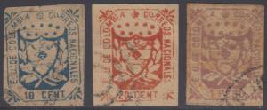 COLOMBIA 1864 COAT OF ARMS Sc 31-32, 34 TOP VALUE FORGERIES MUTE CANCEL (CV$245) 