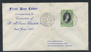 Mauritius 1953 QEII Coronation on First Day Cover.