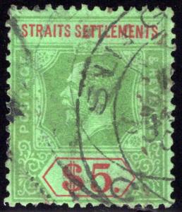 128 Straits Settlements, $5 Grn & Red, Grn, 1911, wmk. 3, Postally Used, Singapo