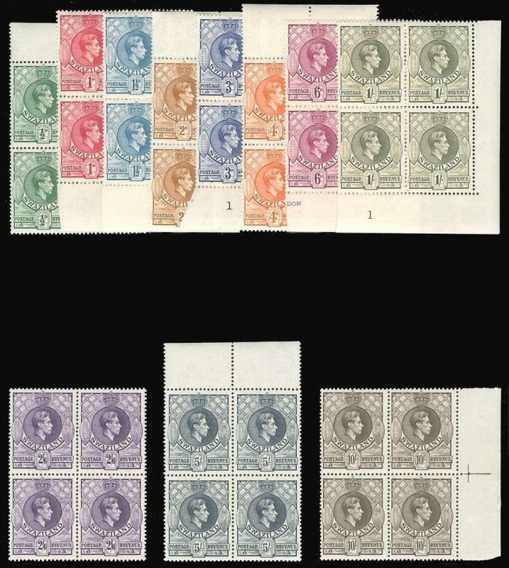 Swaziland 1938 KGVI set complete in blocks of four superb MNH. SG 28-38a.