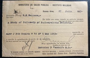 1953 Buenos Aires Argentina Postcard Cover To New York USA Health Minister