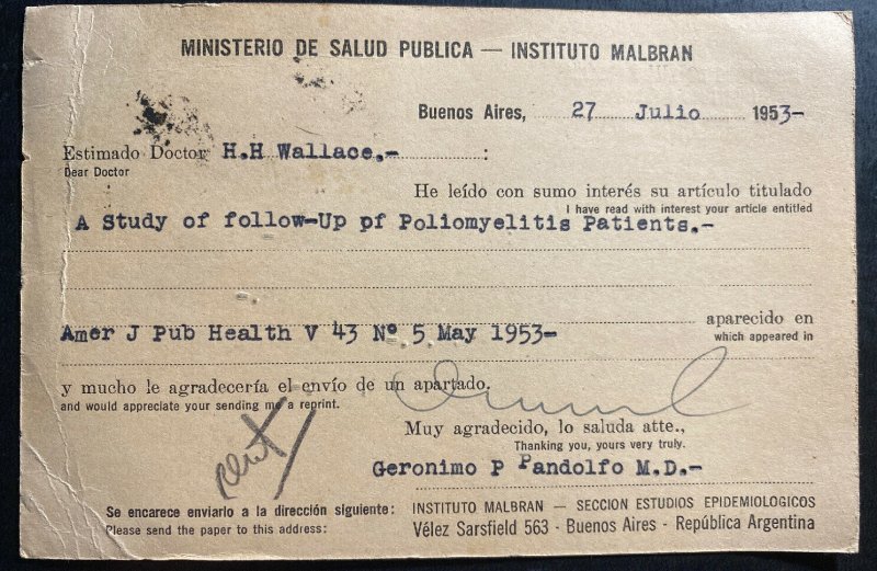 1953 Buenos Aires Argentina Postcard Cover To New York USA Health Minister 