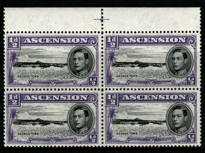 ASCENSION SG38b/ba 1938 ½d BLACK & VIOLET LONG CENTRE BAR IN BLOCK OF 4 MNH