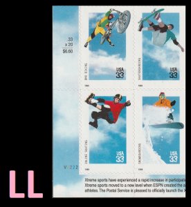 US 3321-3324 3324a Xtreme Sports 33c plate block 4 LL V2222 MNH 1999