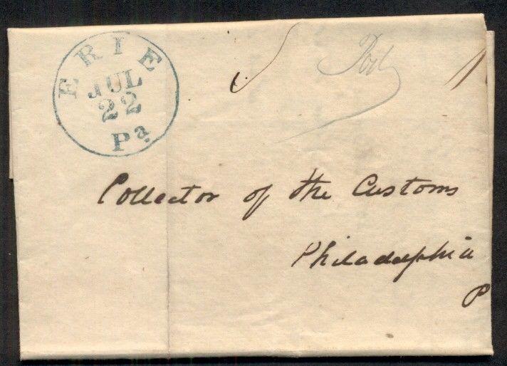 PENNSYLVANIA, Erie, 1845, SFL to Philadelphia, blue cancel, VF