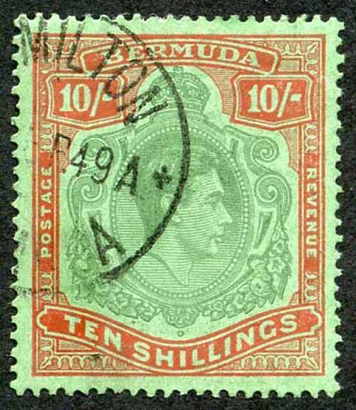 Bermuda SG119d KGVI 10/- Deep Green and Dull Red (emerald back) Perf 14