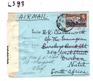 CEYLON WW2 Cover Badulla CENSOR South Africa SCARCE *DEMOCRACY* LABEL 1945 LS93