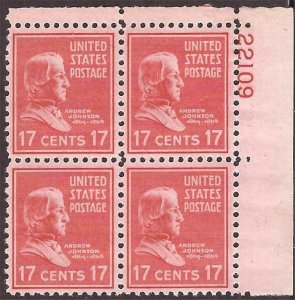 US Stamp - 1938 17c Andrew Johnson - 4 Stamp Plate Block MNH - Scott #822