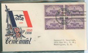 US 838 1938 3c Iowa territory centennial (block of four) on an addressed fdc with a Staehl cachet.