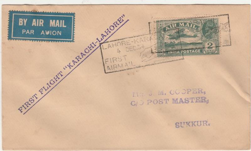 INDIA PAKISTAN 1934 KGV 1ST FLIGHT COVER KARACHI - LAHORE