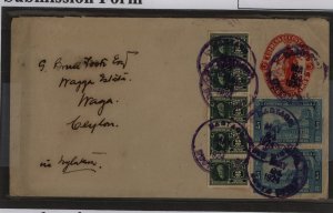 Costa Rica  1924 5c red env. + O'seas postage, used to Ceylon from Cartago