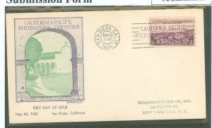 US 773 1935 3c California - Pacific International Exposition (single) on an addressed (hand stamped) FDC with a Grandy cachet.