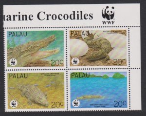 Palau WWF Estuarine Crocodile 4v Block of 4 WWF Logo 1994 MNH SC#323 a-d