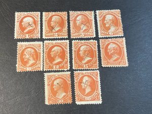 U.S. # O15-O24--USED--VERMILLION--COMPLETE SET--DEPT OF INTERIOR--OFFICIAL--1873