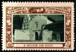 1948 US Poster Stamp California Centennial Commemoration # 8 Mission San Diego