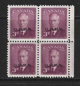 CANADA - #O14 - 3c KING GEORGE VI OHMS OVERPRINT MARGIN BLOCK MNH MH  BOB