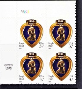 Scott # 3784 Purple Heart Veterans Stamp Plate Block  37¢ 2003 - MNH