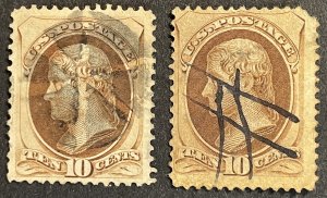 US #161 OR #188 Used F/VF 10c Jefferson 1873 - SCV>$50 (2 Examples) [$069]