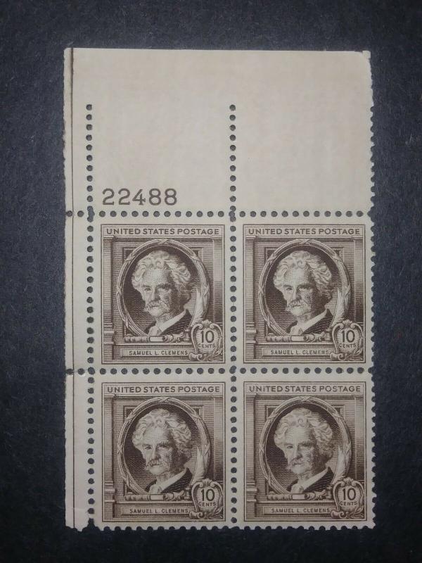 RIV: US MNH 863 Plate Block READ 10 cent 1940 Famous American Author Clemens 2E