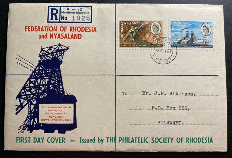 1961 Kitwe Southern Rhodesia First Day Cover FDC To Bulawayo Philatelic Society 