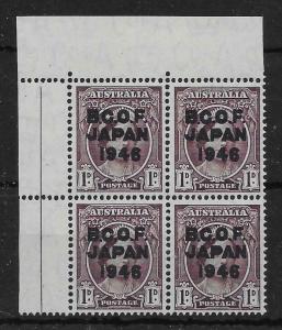 AUSTRALIA-B.C.O.F. SGJ2a 1946 1d BROWN-PURPLE BLUE-BLK OVPT BLK OF 4 MNH