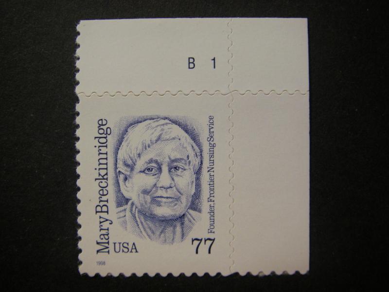 Scott 2942, 77c Mary Breckinridge Plate number single #B1, MNH Great Americans