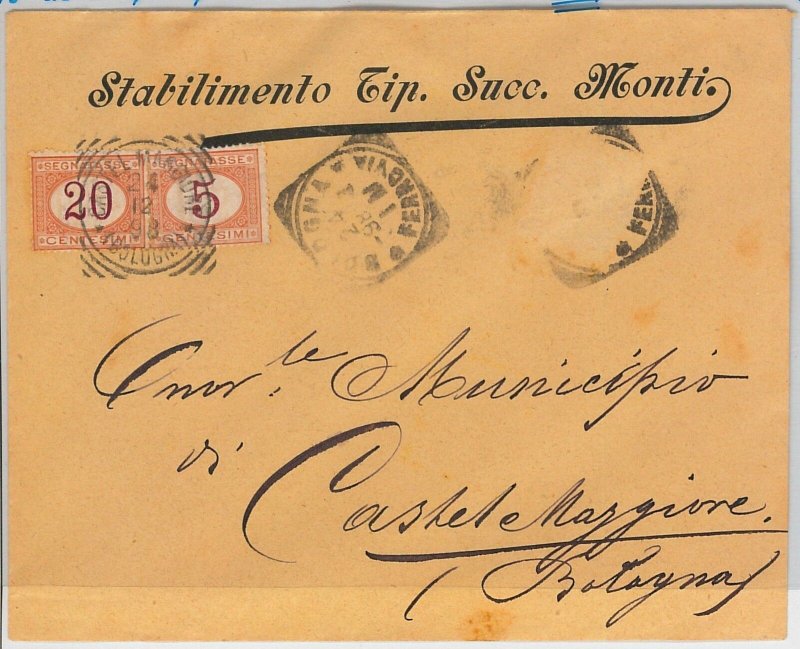 ITALIA REGNO storia postale: BUSTA da BOLOGNA con fbllo CADUTO e TASSATA! 1898