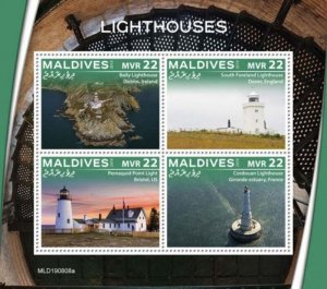Maldives - 2019 Lighthouses on Stamps - 4 Stamp Sheet - MLD190808a