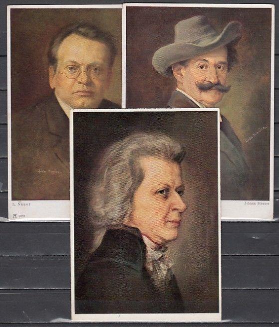 Russia, 1958 Post Cards. Composers Mozart, Strauss and Max Reger. ^