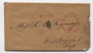 1851 Boston MA red CDS integral 3 rate stampless cover with letter [6526.399]