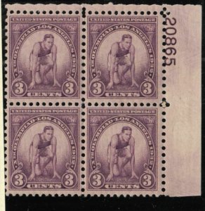 1932 Los Angeles Olympics Sc 718 MNH 3c purple VF plate block of 4