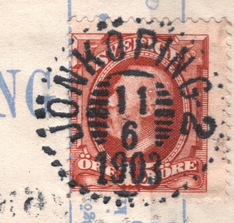 SWEDEN Money Order Receipt *JONKOPING* 1903 CDS Piece 15o Stamp Used SS3907