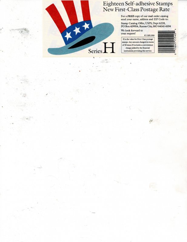 H(33c) Rate Uncle Sam Hat US Postage ATM Booklet of 18 Stamps 3269a VF