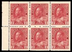 Canada 1911 KGV Admiral 2c deep rose-red BOOKLET PANE of six MLH. SG 201a.