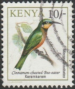 Kenya #604 1993 10shill. Cinnamon-chested Bee Eater USED-VF-NH.