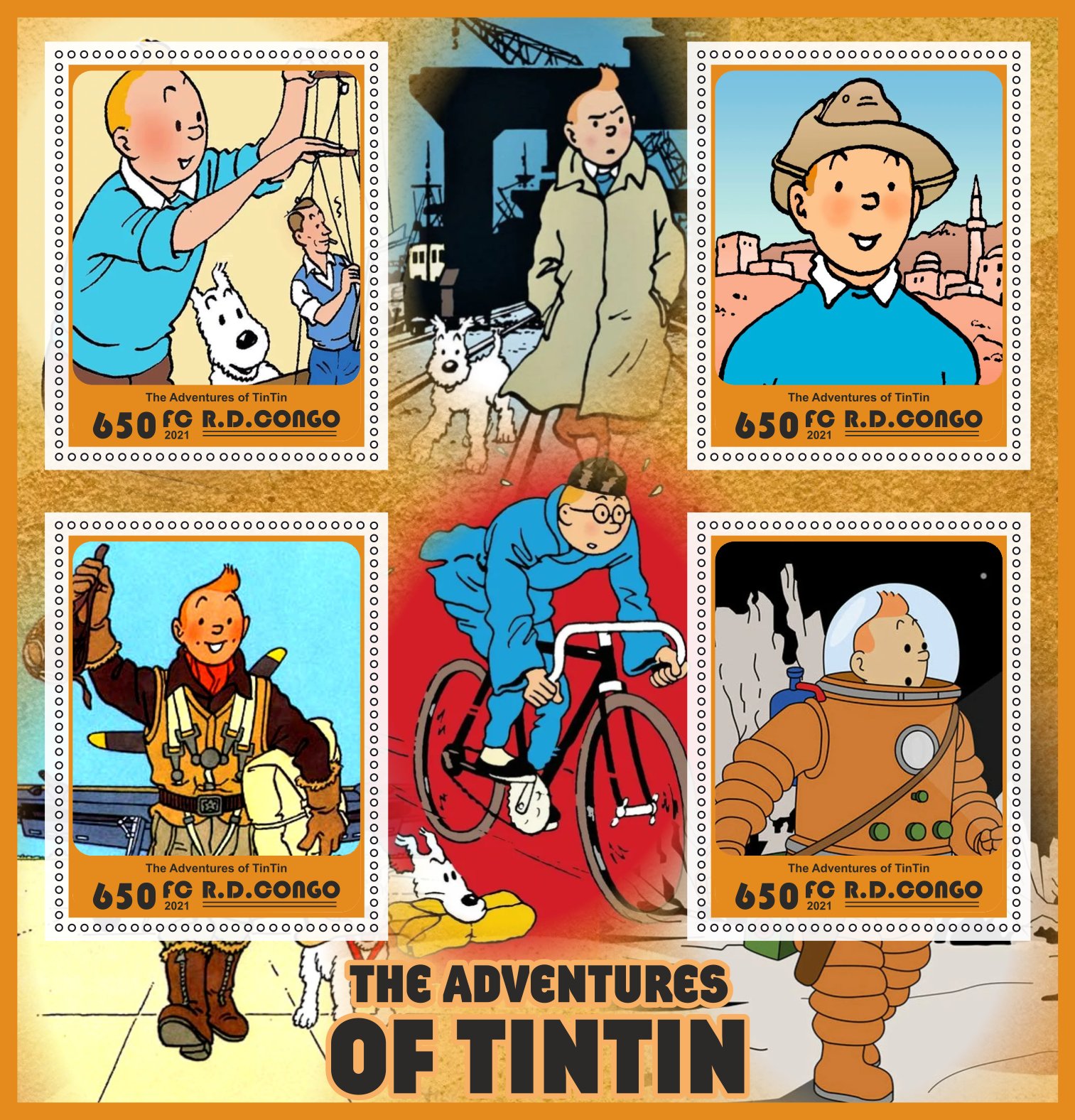 Adventures of Tintin 1+1 sheets perforated 2023 year Congo