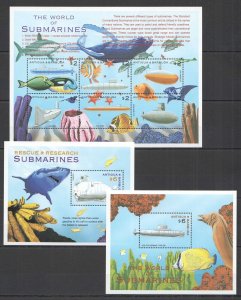 K1028 Antigua & Barbuda World Of Submarines Fishes Fauna #3319-24 2Bl+1Kb Mnh