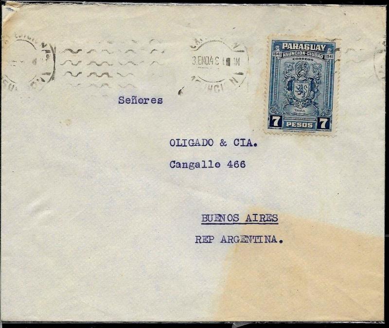 AAMER-20 PARAGUAY 1948 COVER 7 PS TO ARGENTINA WITH RECEPTION