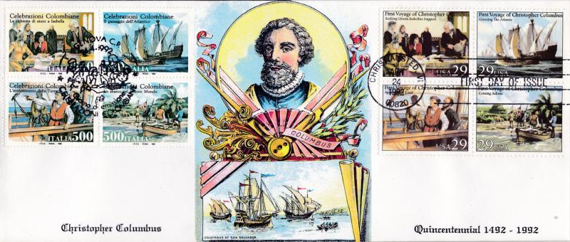 U.S.+ Italy Joint Issue 1992  Legal Size FDC Color Cachet Voyage of Columbus VF