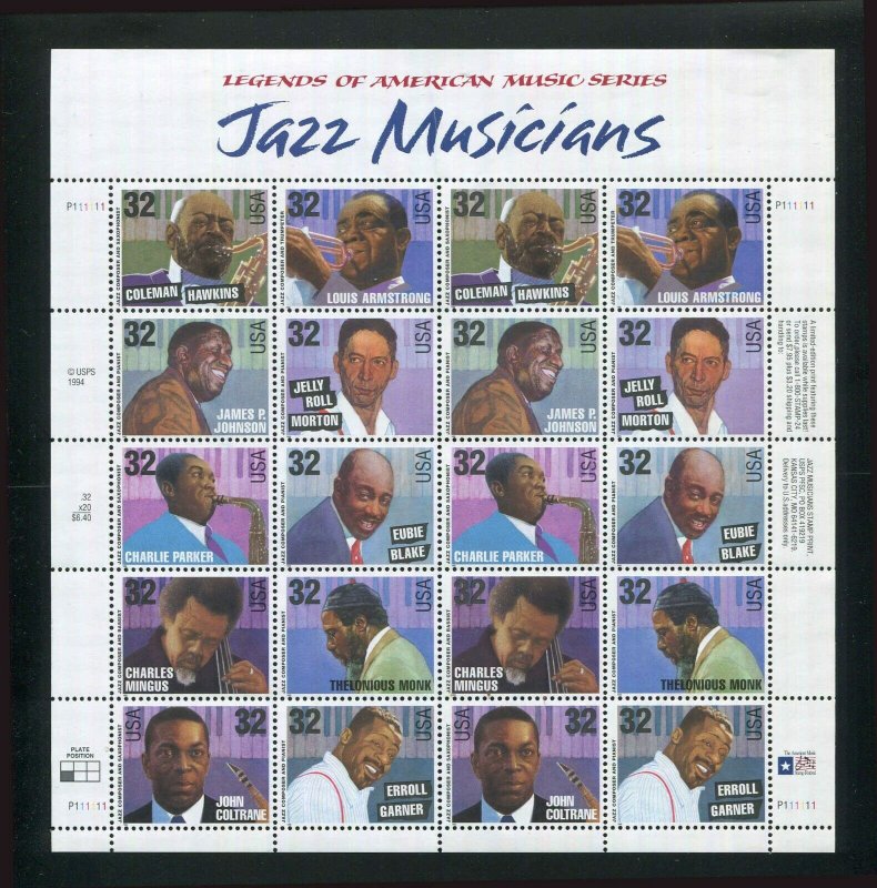 US # 2983 - 2992 2992a 32¢ Jazz Musicians Sheet of 20 Stamps  MNH