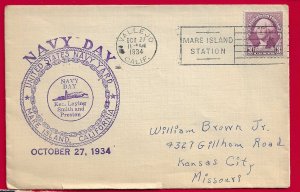 US 1934 NAVY DAY MARE ISLAND STATION CACHETED COVER - USED/SEALED