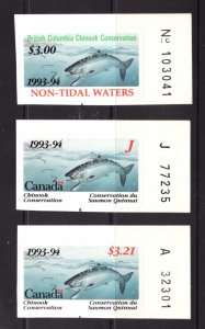 1993-94 British Columbia Chinook Conservation Stamps - Junior, Adult & Non Tidal