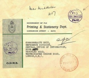 FIJI Cover OHMS PAID *Government Printer* Label Violet 1964 Postmark Ap549