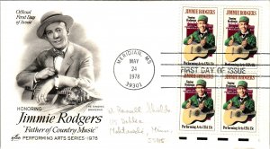 US 1755 Jimmie Rodgers Block of Four Artcraft Pencil FDC