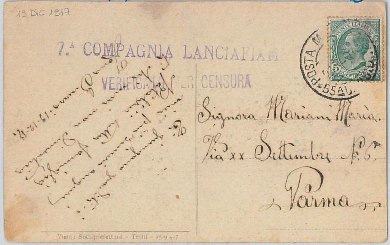 ITALY - POSTAL HISTORY:  POSTMARK on POSTCARD 1917 - Flamethrower DIVISION