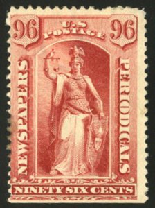 United States, Newspaper Stamps #PR70 Cat$1,200, 1879 96c red, hinged, straig...