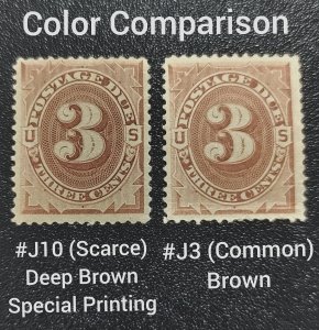 Scott Stamp# J10 - 1879 3¢ Scarce Deep Brown.  MNH, OG.  SCV $20,000.00