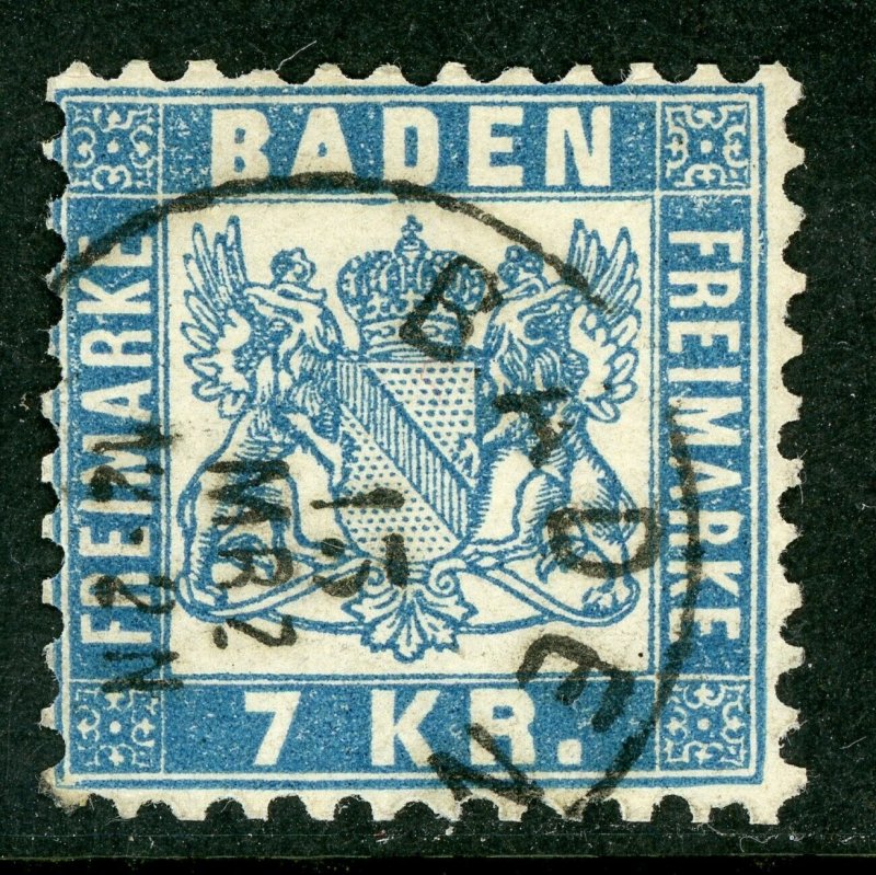 Germany States 1868 Baden 3 Kr Sky Blue Scott #28a VFU G434