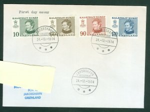 Greenland. FDC. 1974. Jakobshavn. Queen Margrethe II. 10+60+90+120 Ore. Slania